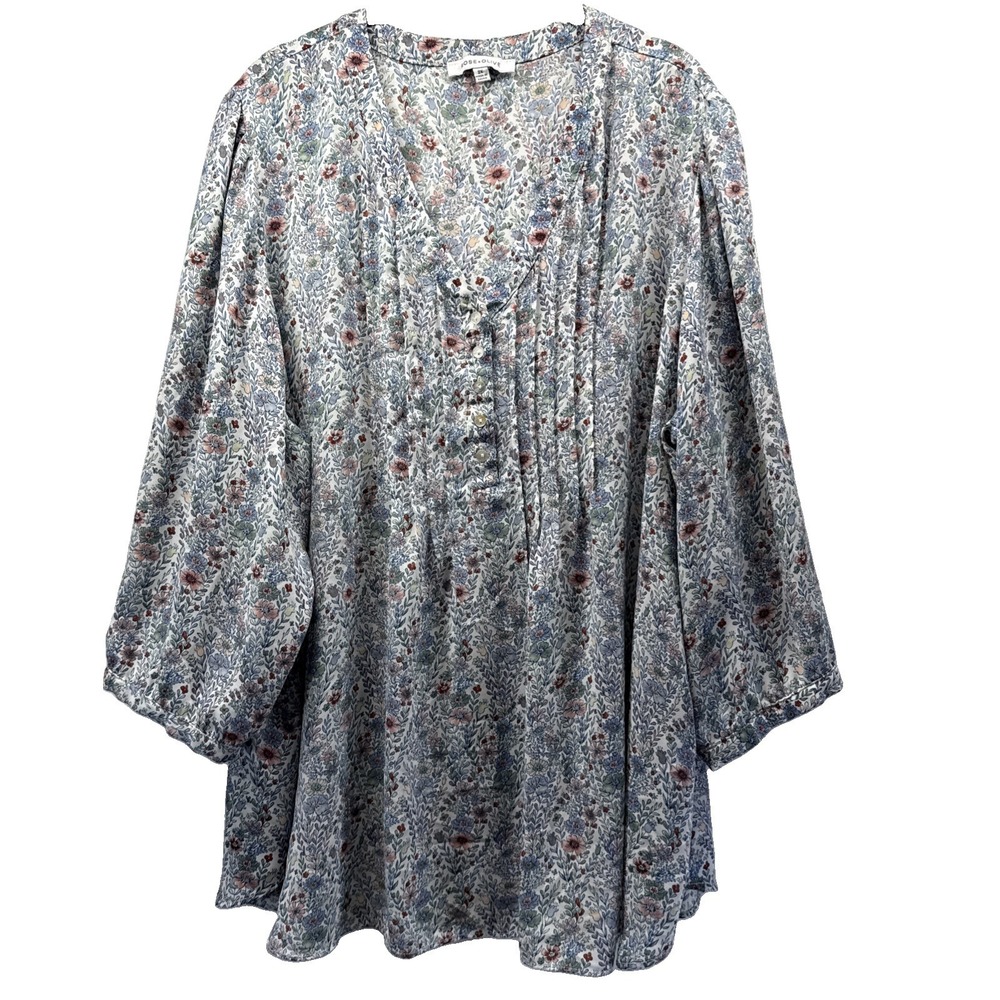 Rose & Olive Women's Top Size 2X Blue Floral V Neck Pintuck 3/4 Sleeve Pullover